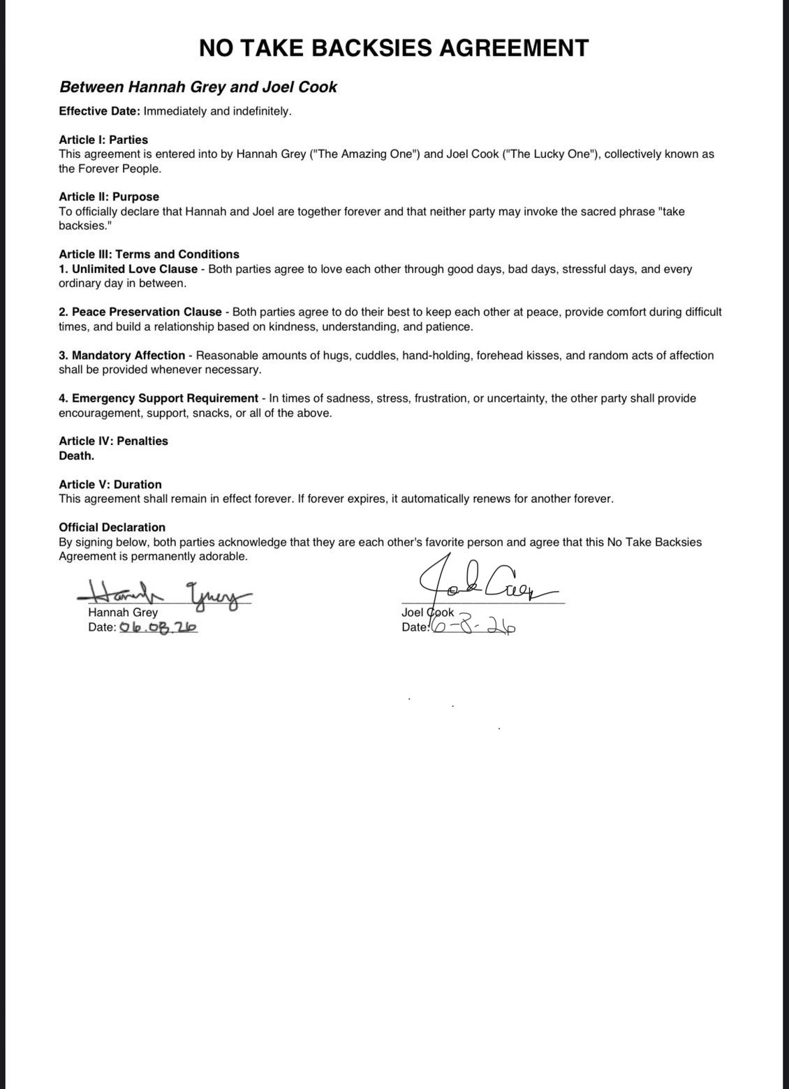 No Take Backsies Agreement